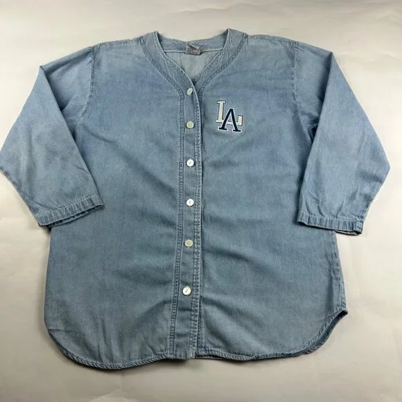 Bridge Sports Wear Vintage Light Wash Denim Chambray LA Dodgers Jersey L - Picture 1 of 9